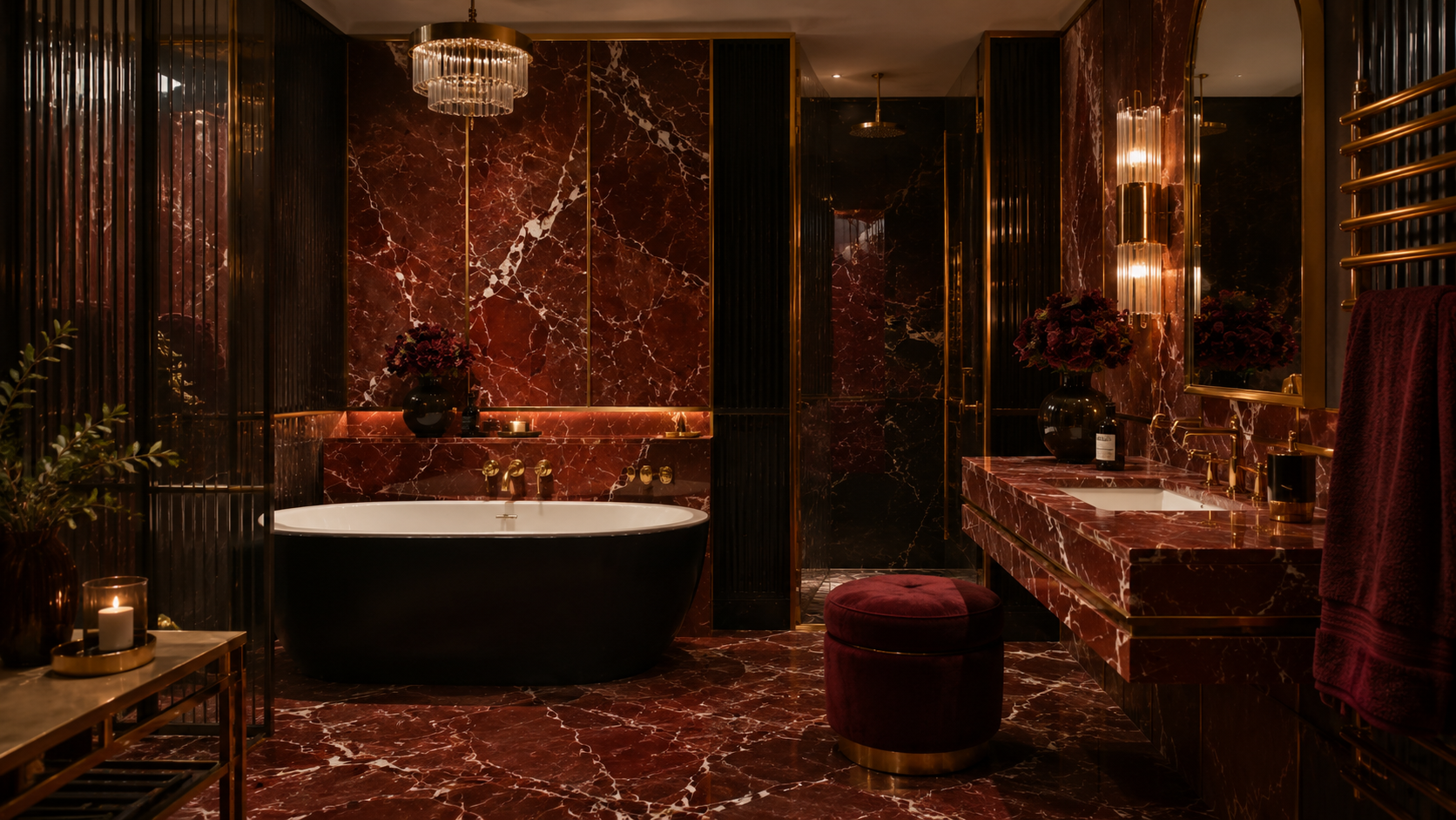 Layered Neo Deco bathroom featuring red marble, brass details, and rich velvet vanity seating